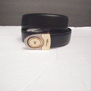 Valentino Leather Belt Size 42 US 36 Black V Logo Buckle Dress Formal Old Money